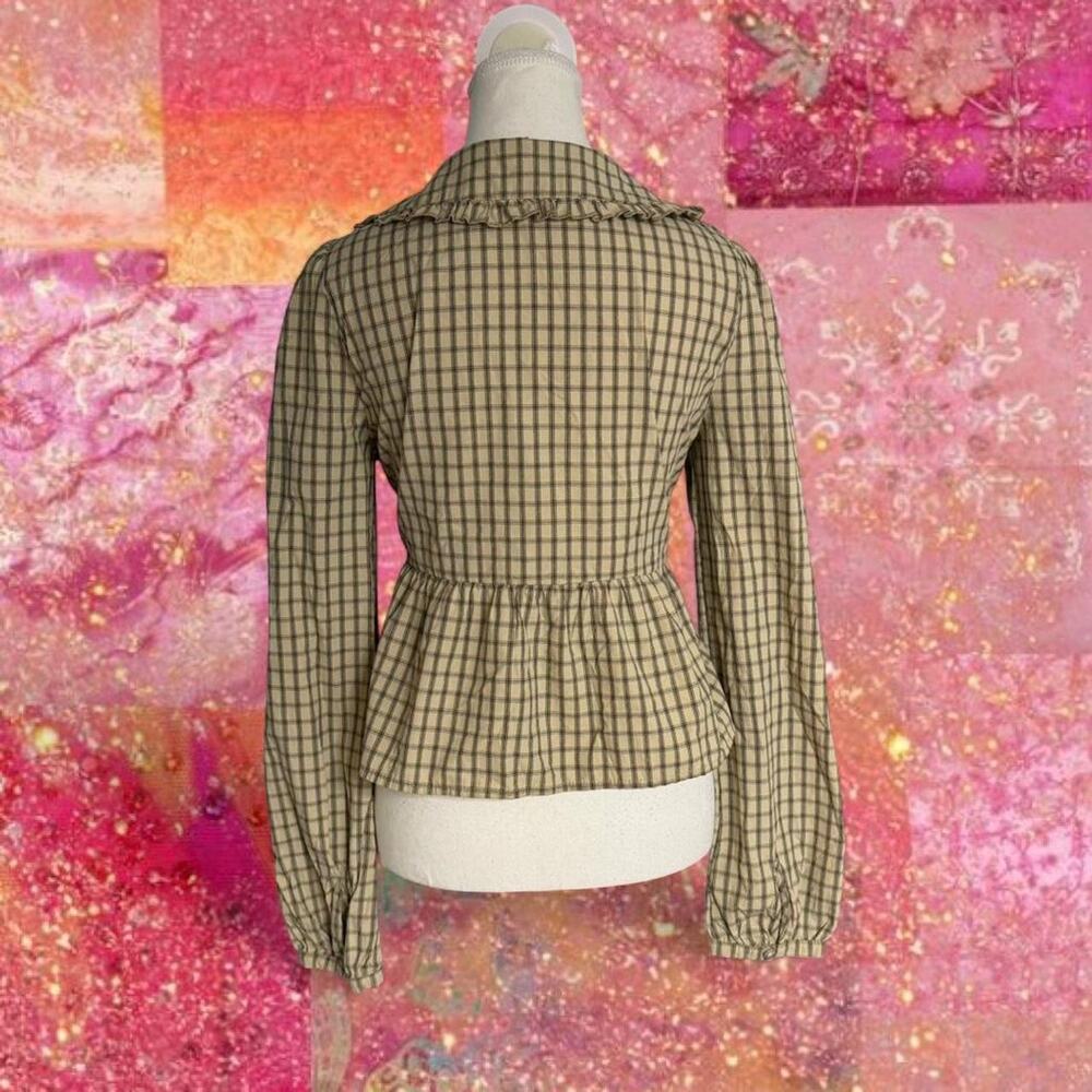 Bailey Rose brown plaid blouse with tie front and ruffle collar. Size M - Picture 2 of 6